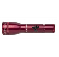 Red ML25LT two cell C flashlight with J-Man-3 engraving and skull emblem along knurled body.