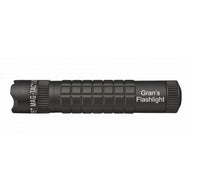 Black MAG-TAC CR123 LED flashlight with crowned bezel and Gran's Flashlight engraving