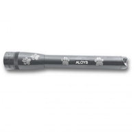 Gray Mini Maglite Pro LED flashlight with paw print decorations and the name ALOYS engraved