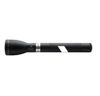 ML150LR rechargeable LED flashlight in matte black with a silver collar and white diagonal stripe