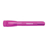 Pink Mini Maglite Pro LED flashlight with the name Melanie engraved.