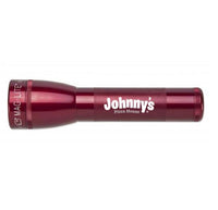 Red ML25LT LED two-cell C flashlight with Johnny's Pizza House engraving.