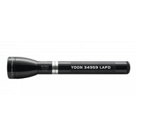 ML150LR rechargeable LED flashlight in gloss black with custom engraving along the tube