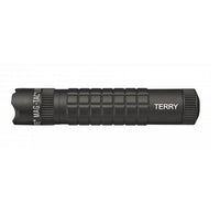 Black MAG-TAC CR123 LED flashlight with crowned bezel and Terry engraving