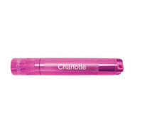 Pink Solitaire LED key chain flashlight with the name Charlotte engraved on the body