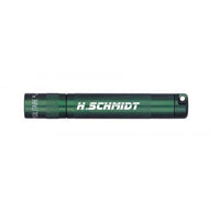 Solitaire LED key chain flashlight in dark green with custom engraving