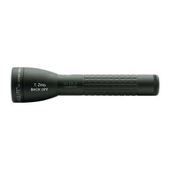 ML50LX green two cell C flashlight with knurled grip and BACK OFF engraving.