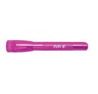 Pink Mini Maglite Pro LED flashlight with custom engraving along the barrel