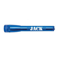 Blue Mini Maglite Pro LED flashlight with JACK engraving along the body