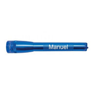 Blue Mini Maglite Pro LED flashlight with Manuel engraving.