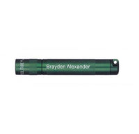 Dark green Solitaire LED key chain flashlight with Brayden Alexander engraved on the body