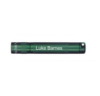 Dark green Solitaire LED key chain flashlight engraved with Luke Barnes