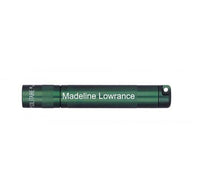 Dark green Solitaire LED key chain flashlight engraved with Madeline Lowrance