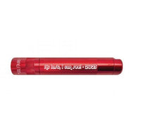 Red Solitaire LED key chain flashlight with engraved text along its body