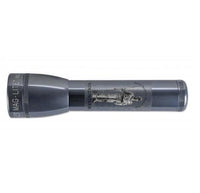 Gray ML25LT LED 2-Cell C flashlight with engraved figure on the textured grip