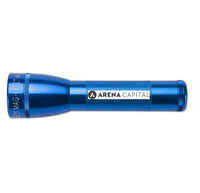 Blue ML25LT LED 2-Cell C flashlight with Arena Capital engraving along the body
