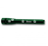 Dark green Mini Maglite Pro LED flashlight engraved with Beau and paw prints