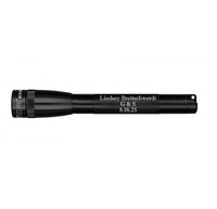 Mini Maglite Pro LED flashlight in black with engraved names and date along the barrel.