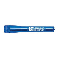 Blue Mini Maglite Pro LED flashlight with Linn Co-Op Oil Company engraving