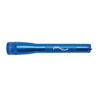 Blue Mini Maglite Pro LED flashlight with custom engraving along the knurled body