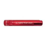 Solitaire LED key chain flashlight in red with Au Sable River 2025 engraving