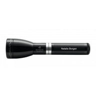 ML150LRS rechargeable LED flashlight in gloss black with silver band and Natalie Borgan engraving