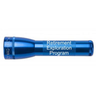 Blue ML25LT LED 2-Cell C flashlight engraved with Retirement Exploration Program on the body