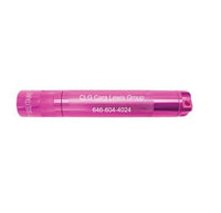 Pink Solitaire LED key chain flashlight with white engraved text