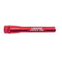 Red Mini Maglite Pro LED flashlight with Losacker e107615 PHX engraving along the body