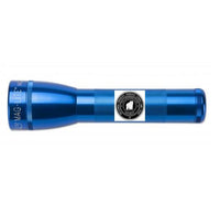 Blue Maglite ML25LT LED 2-Cell C flashlight with central engraved badge.