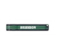 Dark green Solitaire LED key chain flashlight with custom engraving along its side.