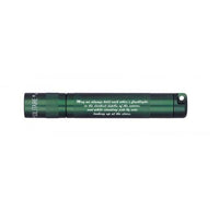 Solitaire LED key chain flashlight in dark green with engraved script along the body.