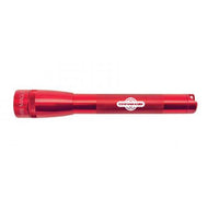 Red Mini Maglite Pro LED flashlight with knurled handle and engraving area