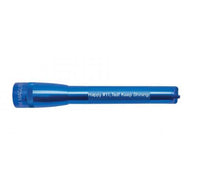 Blue Mini Maglite Pro LED flashlight with engraved message along the body