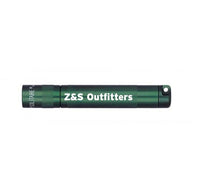 Dark green Solitaire LED keychain flashlight with engraved Z&S Outfitters on its body.