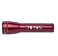 Red Maglite ML25LT LED 2-Cell C flashlight with F3 FAN engraving on the body