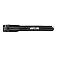 Mini Maglite Pro LED Flashlight in black with custom engraving along the barrel