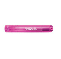 Solitaire LED key chain flashlight in pink with RAQUEL engraving