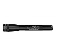 Mini Maglite Pro LED flashlight in black with FY25 Mid South Business Partner of the Year engraving