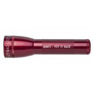 Red Maglite ML25LT two-cell C flashlight with MOM'S PUT IT BACK engraving along the barrel