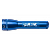 Blue ML25LT LED 2-Cell C flashlight with Alpine Snowguards branding and custom engraving area