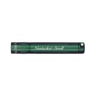 Dark green Solitaire LED key chain flashlight with Nantucket Stroll engraving