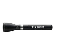 Matte black ML150LRX rechargeable LED flashlight with Sasha J WIEDEN engraving visible along the body