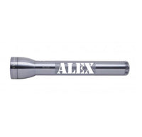 Gray ML300L LED 3-Cell D flashlight with custom engraving ALEX along the body.