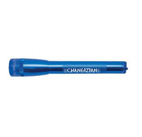 Blue Mini Maglite Pro LED flashlight with custom engraving along the body