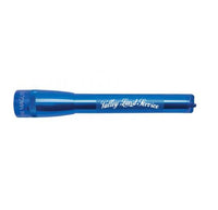 Blue Mini Maglite Pro LED flashlight with Valley Land Service engraving on its side