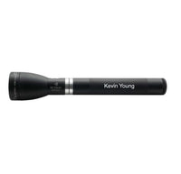 Matte black rechargeable LED flashlight with a large head and personalized engraving along the body.