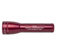 Red ML25LT LED 2-Cell C flashlight engraved SEAN MERRY CHRISTMAS 2025 LOVE ALWAYS, DAD