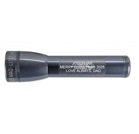 Gray Maglite ML25LT LED flashlight with custom engraving along the body.