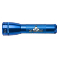 Blue ML25LT two cell C flashlight with Spartan logo engraving along the body